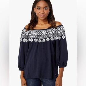Tommy Hilfiger Off The Shoulder Embroidered Casual Knit Top Dark Blue Size S